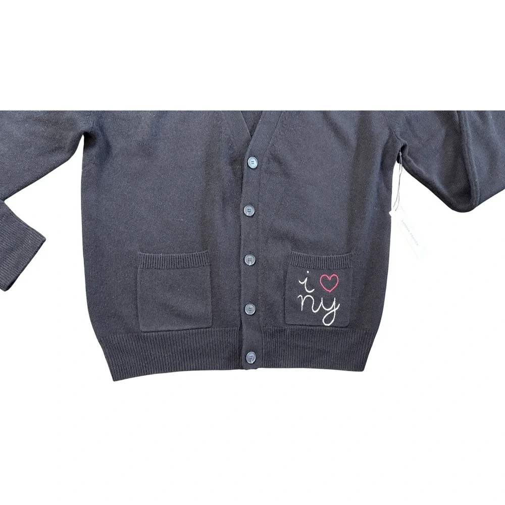NEW Lingua Franca Black 100% Cashmere I Love NY Hand Stitched Cardigan XL - Picture 2 of 8